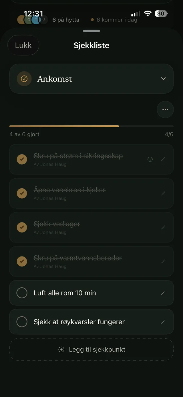 Ankomst-sjekkliste, fire av seks gjort