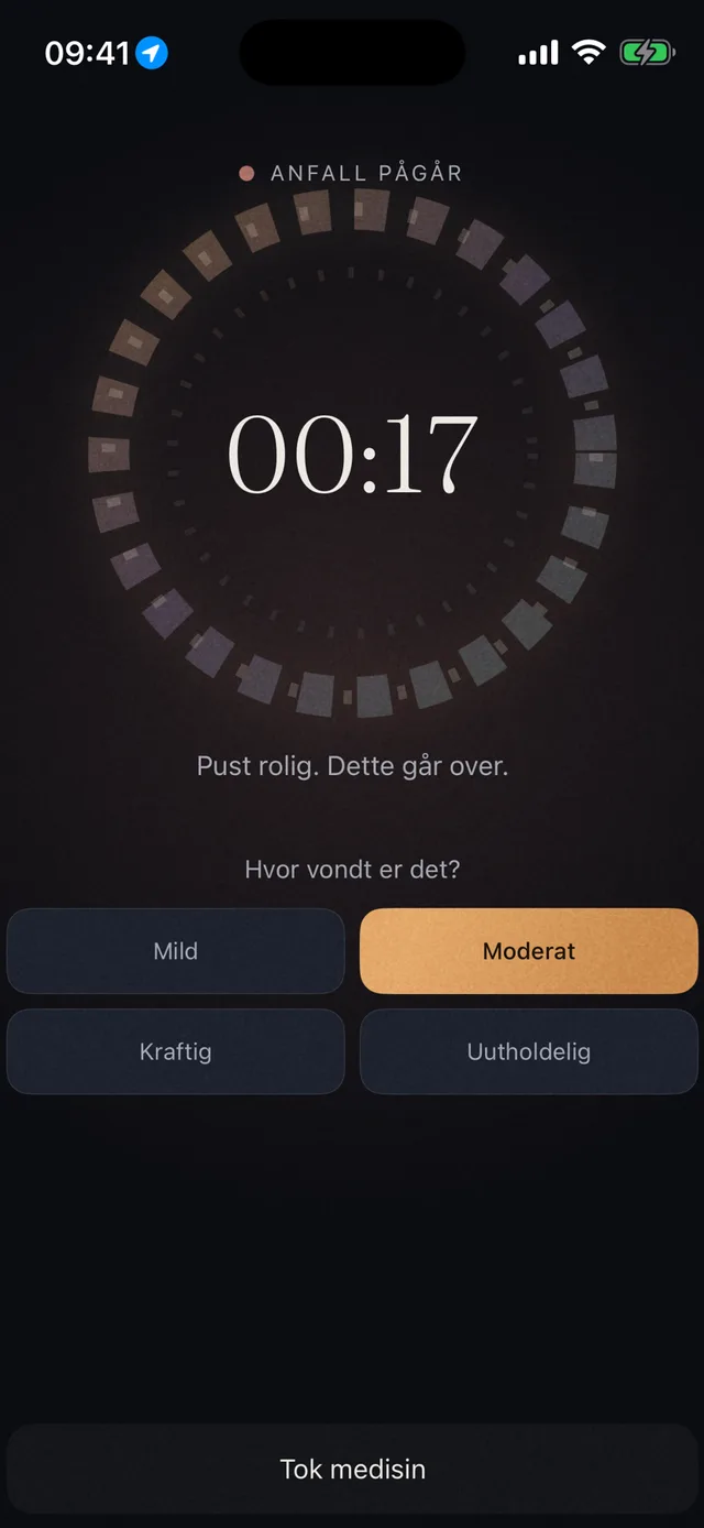 Anfall pågår, med timer og intensitetsvalg