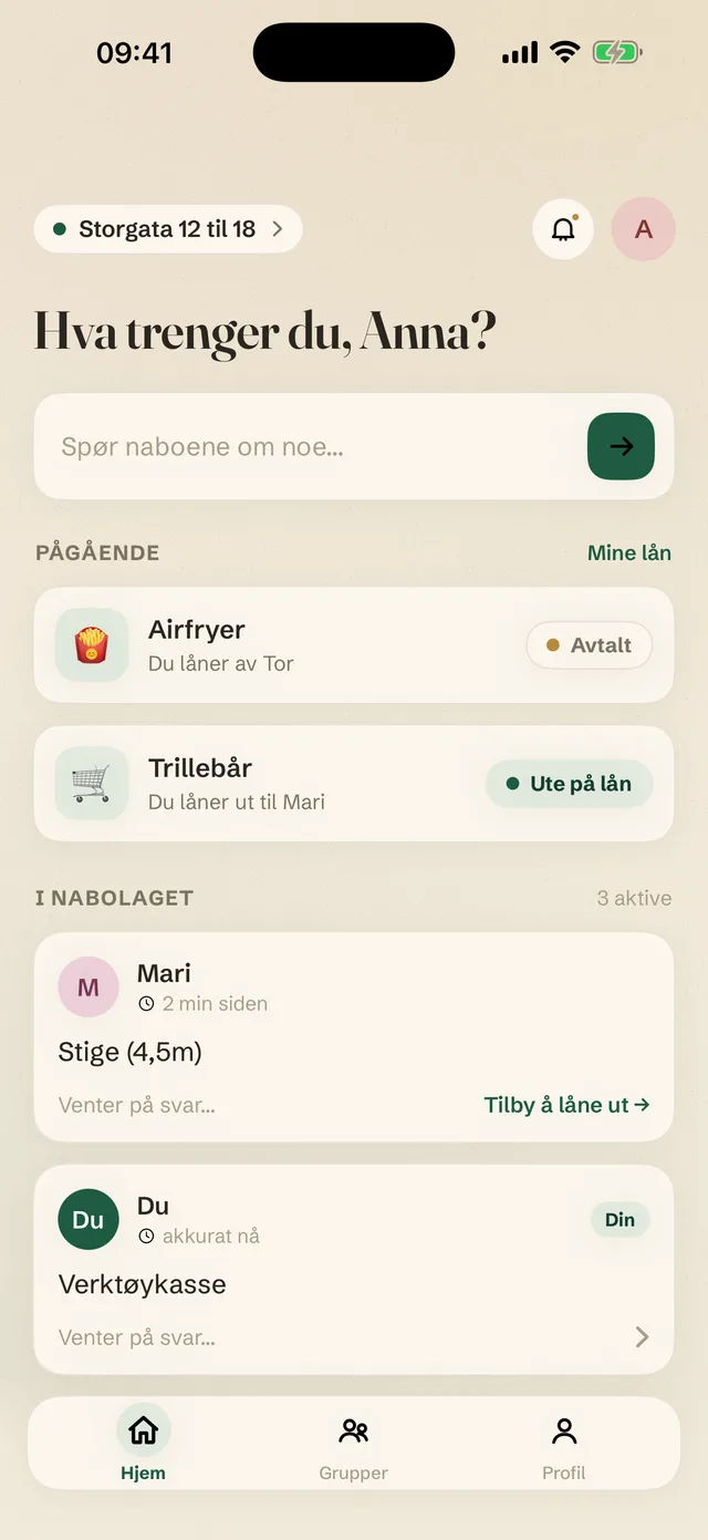 Hjem-skjerm med pågående lån og forespørsler i nabolaget