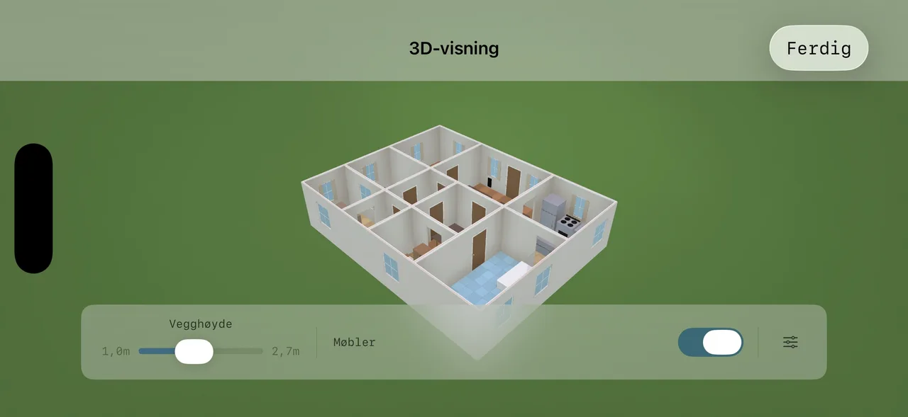 3D-visning ovenfra, med skyvekontroll for vegghøyde