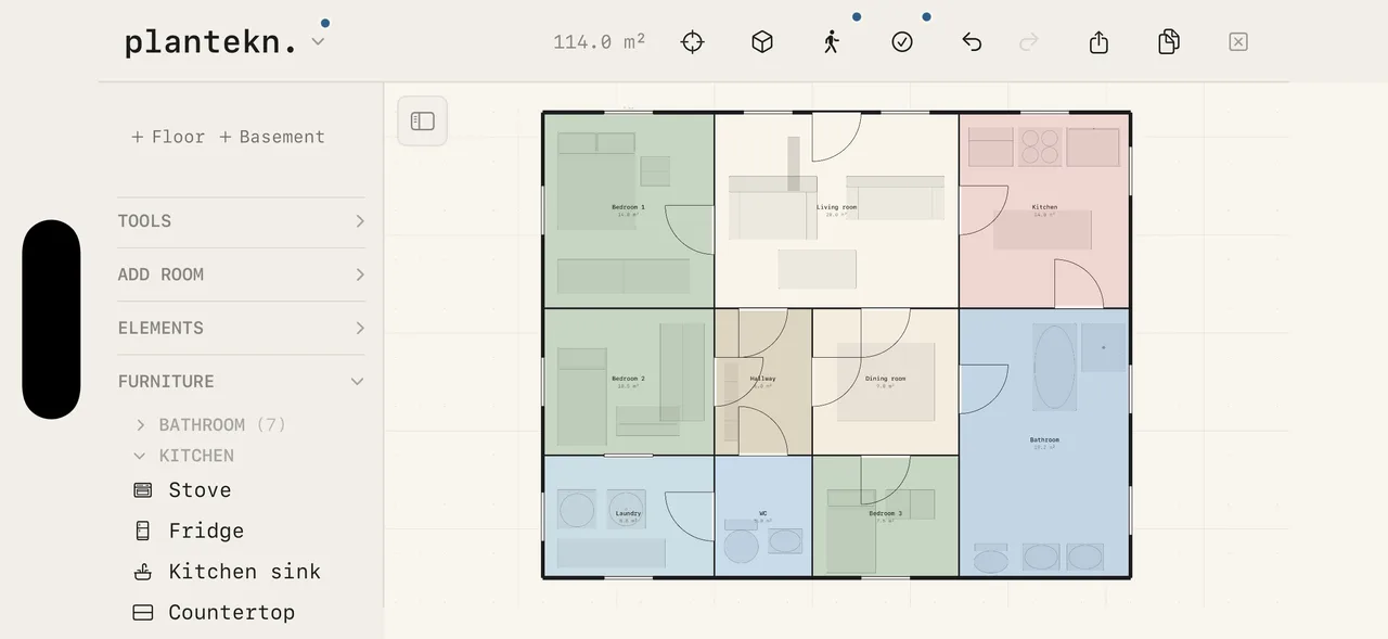 The furniture library open in the sidebar, sorted into categories