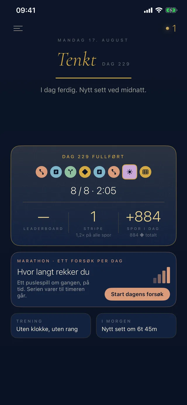 Dagen fullført, med tid, stripe og spor tjent