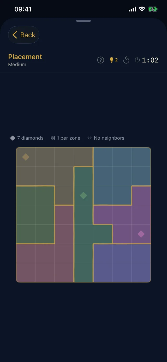 Placement: one diamond per row, column and colour zone