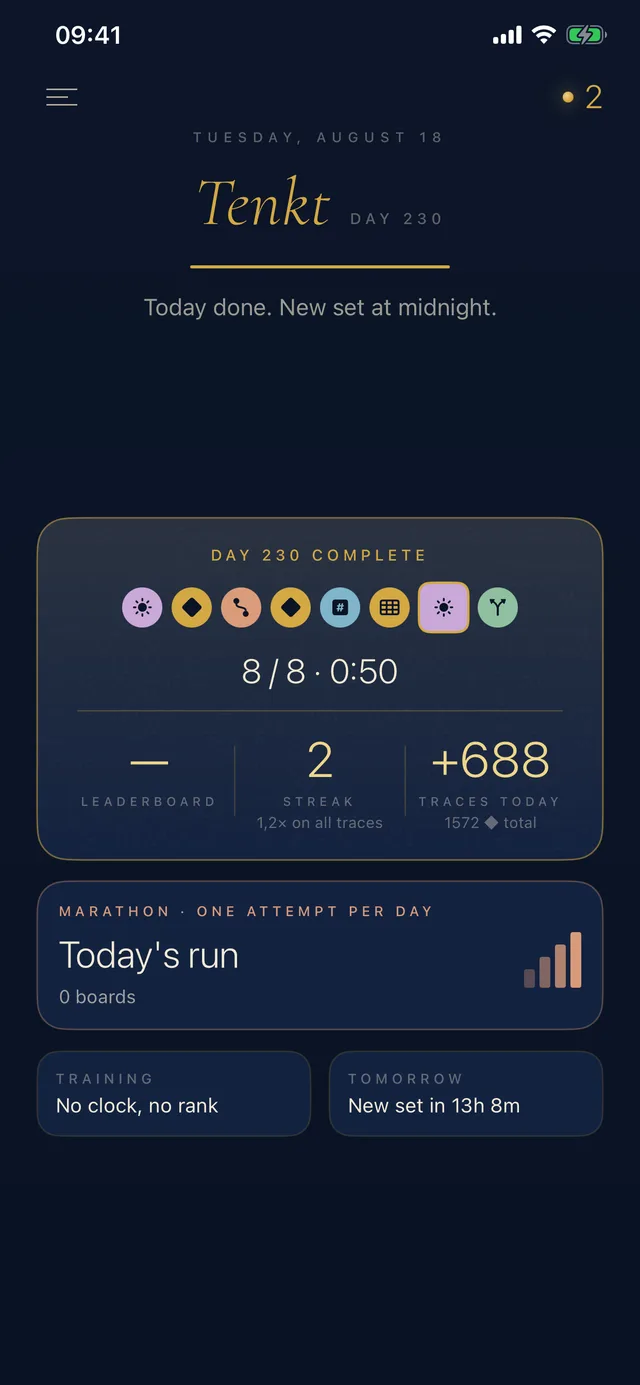 The day finished, with time, streak and traces earned